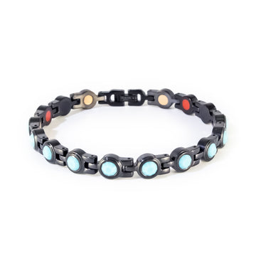 Obsidian Tide black stainless steel bracelet with matte turquoise crystals clasped front view.